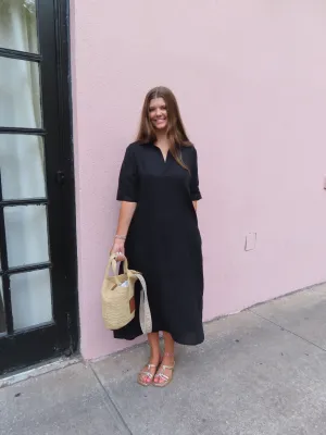 Darren Midi Dress Short Sleeve Black Linen