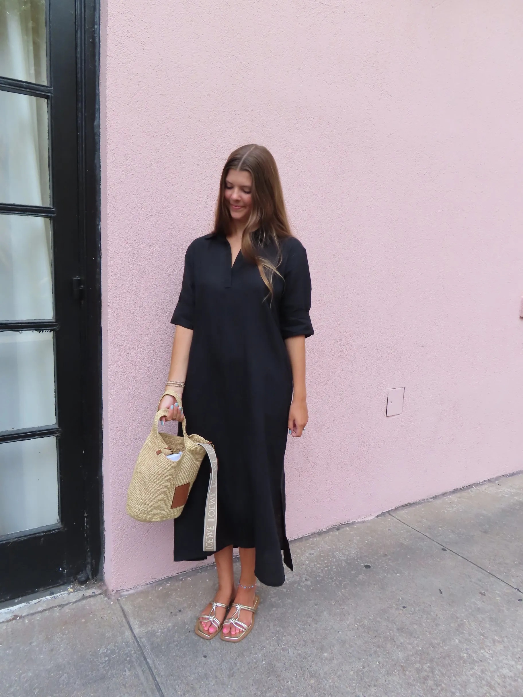 Darren Midi Dress Short Sleeve Black Linen