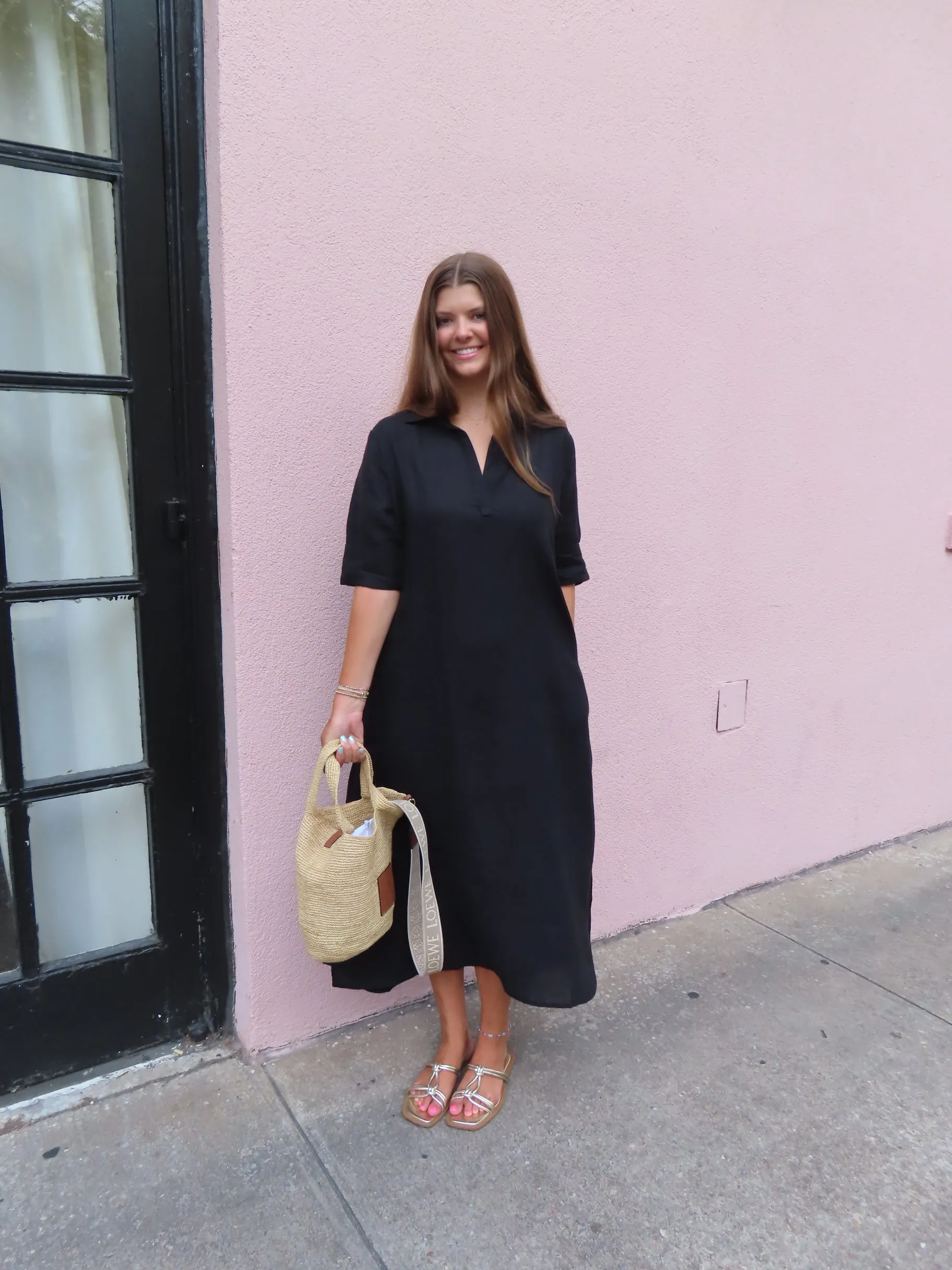 Darren Midi Dress Short Sleeve Black Linen