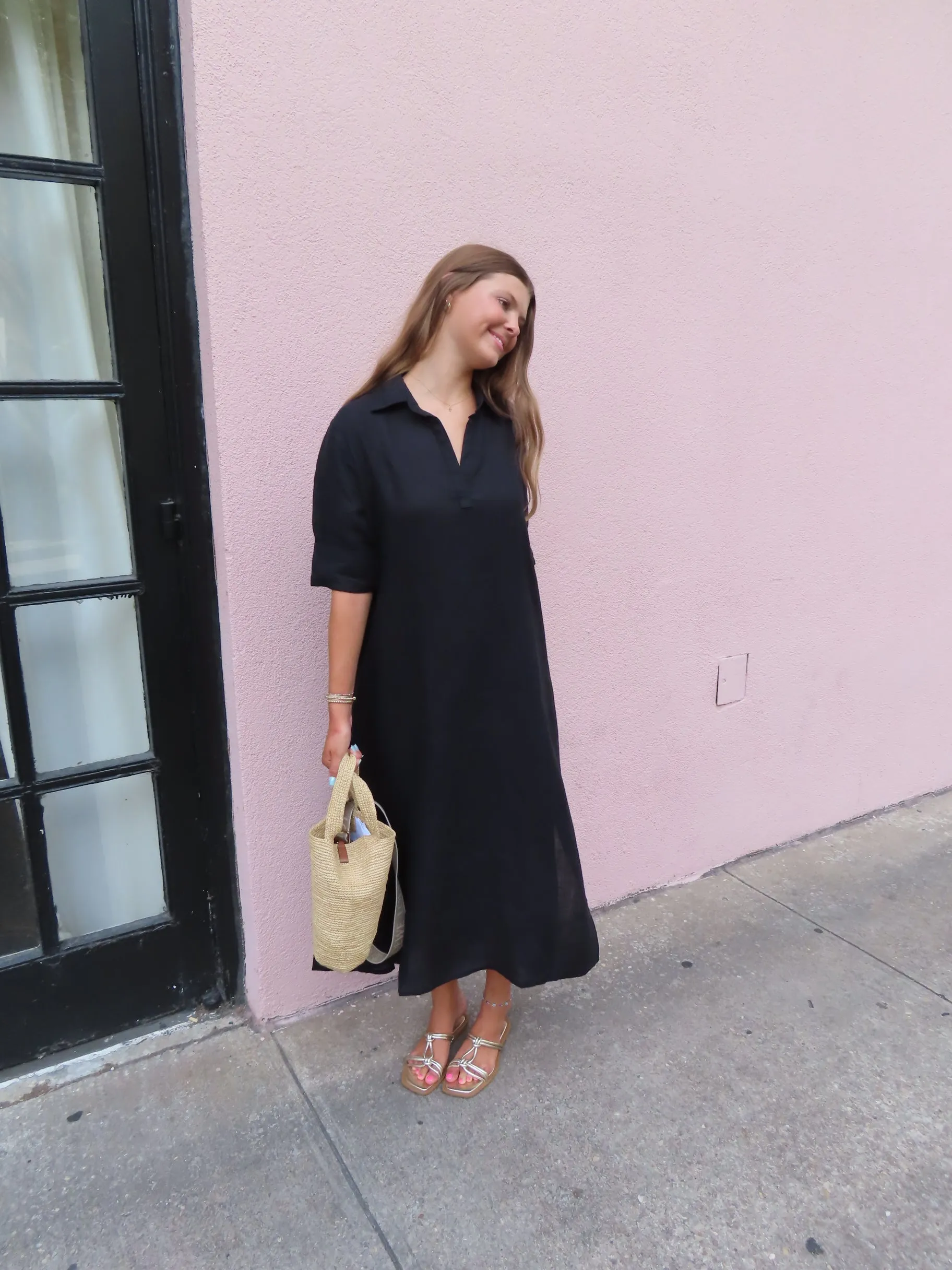 Darren Midi Dress Short Sleeve Black Linen