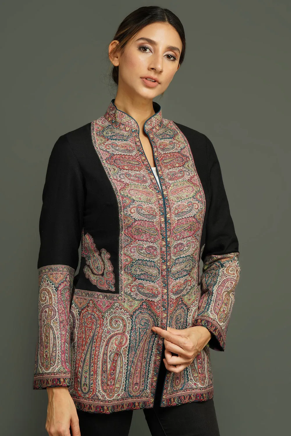 Kashmiri Jamawar Buta Black Jacket for Women | Made To Order