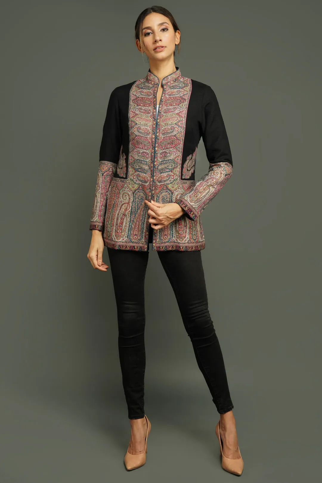 Kashmiri Jamawar Buta Black Jacket for Women | Made To Order