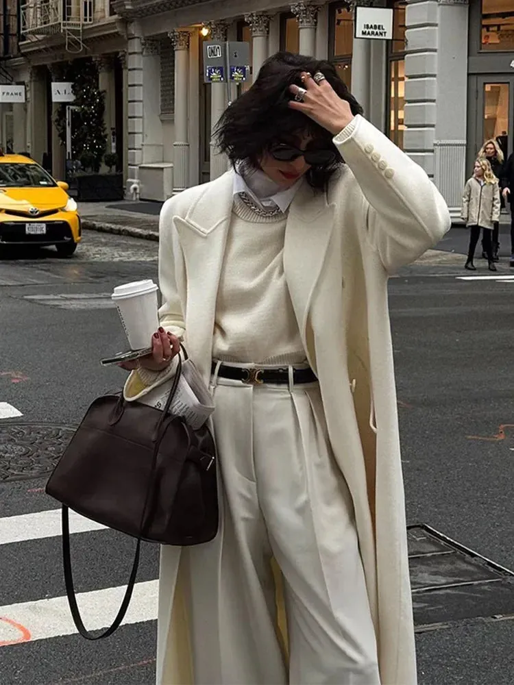 LVSANW Elegant White Woolen Blend Trench Long Coat Women Chic Double Breasted Warm Full Sleeve Coats New Female High Street Outerwear