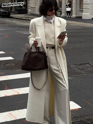 LVSANW Elegant White Woolen Blend Trench Long Coat Women Chic Double Breasted Warm Full Sleeve Coats New Female High Street Outerwear