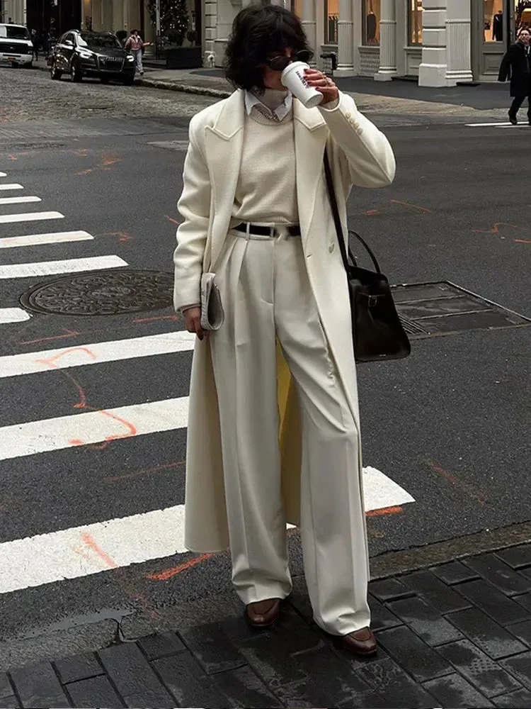 LVSANW Elegant White Woolen Blend Trench Long Coat Women Chic Double Breasted Warm Full Sleeve Coats New Female High Street Outerwear
