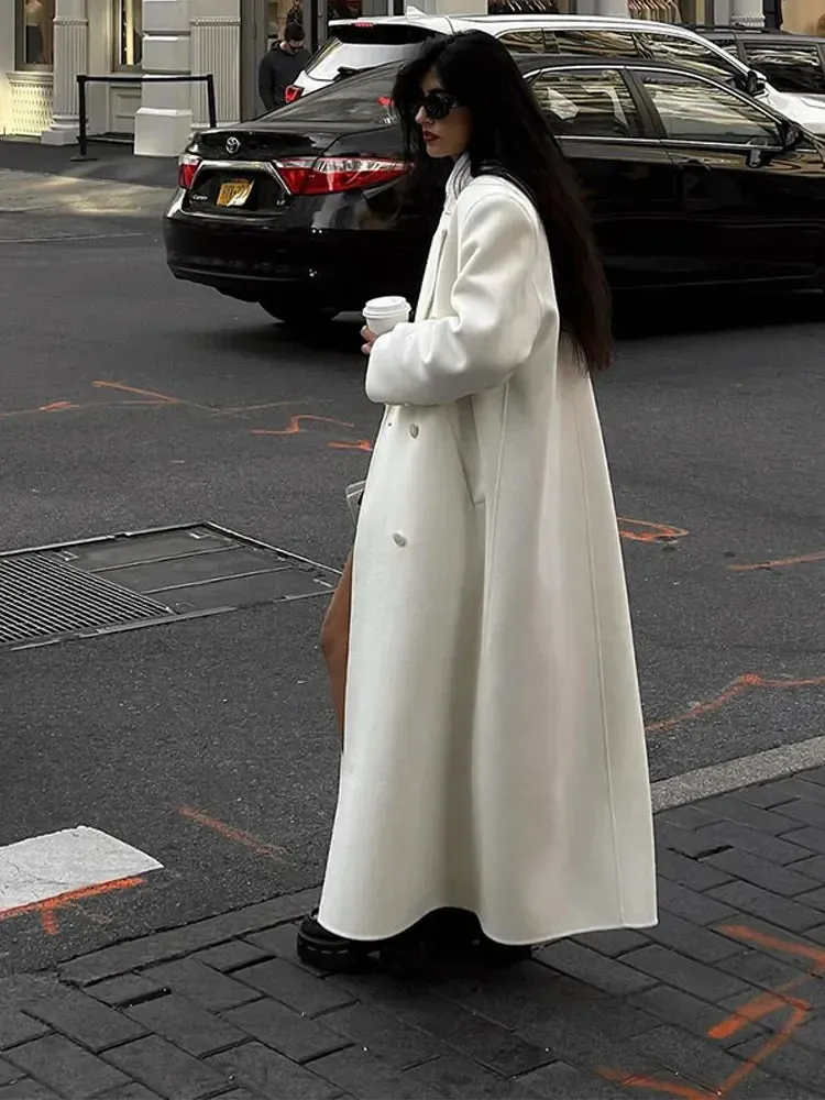 LVSANW Elegant White Woolen Blend Trench Long Coat Women Chic Double Breasted Warm Full Sleeve Coats New Female High Street Outerwear