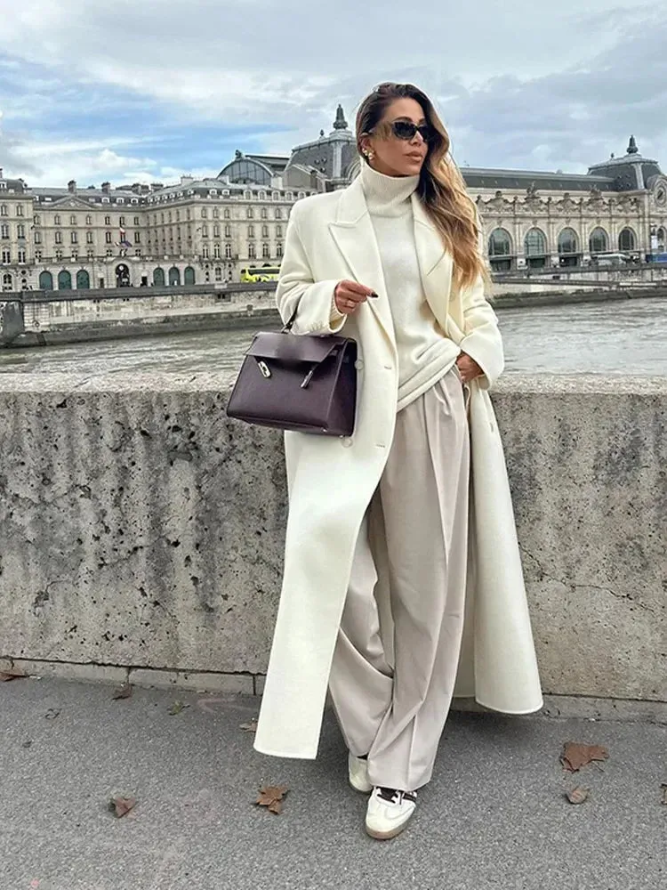 LVSANW Elegant White Woolen Blend Trench Long Coat Women Chic Double Breasted Warm Full Sleeve Coats New Female High Street Outerwear