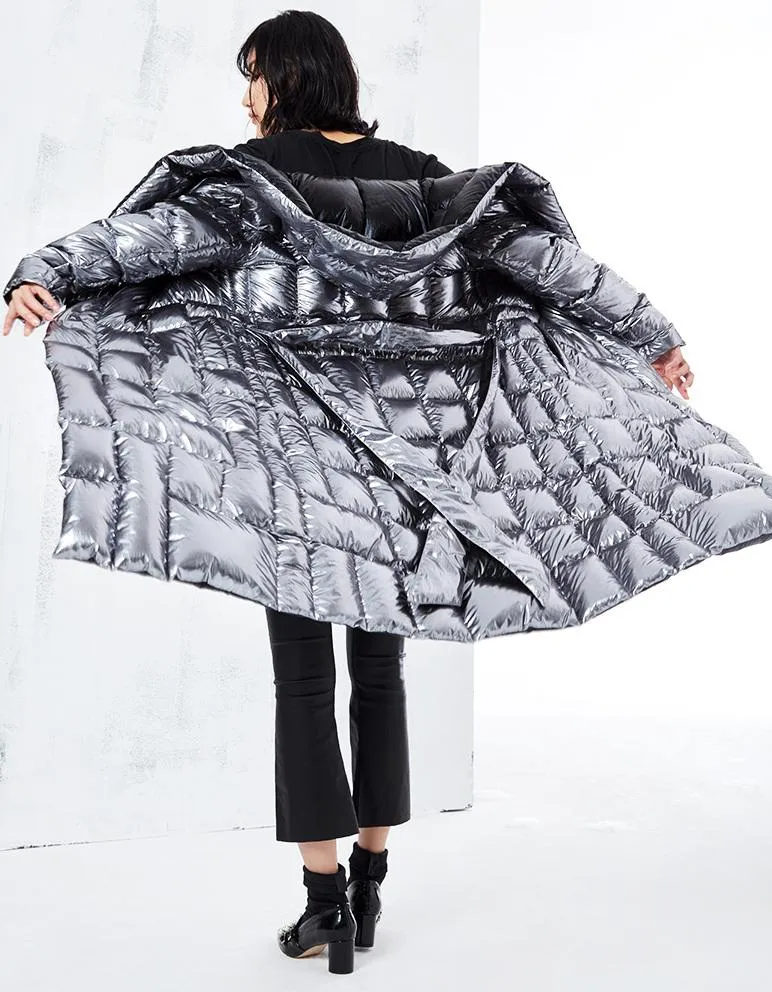 Metallic Silver & Black Reversible Puffer Coat