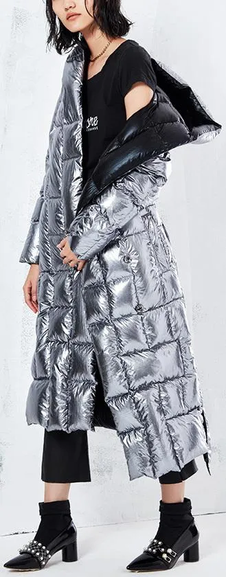 Metallic Silver & Black Reversible Puffer Coat