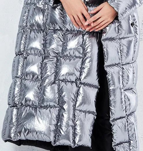Metallic Silver & Black Reversible Puffer Coat