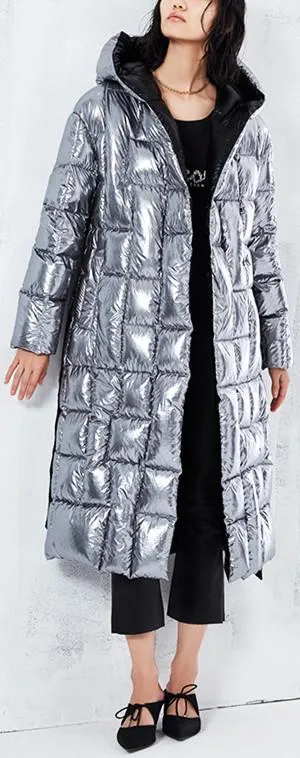 Metallic Silver & Black Reversible Puffer Coat