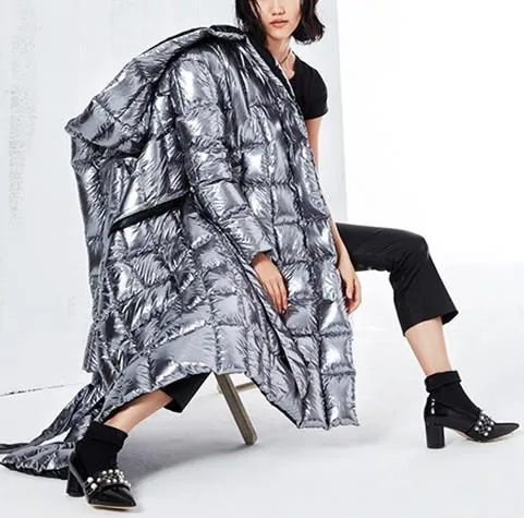 Metallic Silver & Black Reversible Puffer Coat